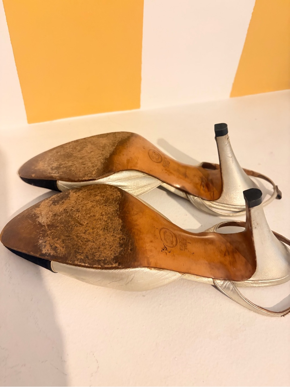 CHANEL Gold Leather Slingback Pumps with Black Cap Toe - Picture 3 of 6